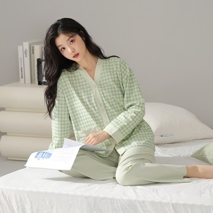 Lushi spring and autumn pajamas women's cotton long sleeve 2024 new home wear with chest pad can be worn outside suit