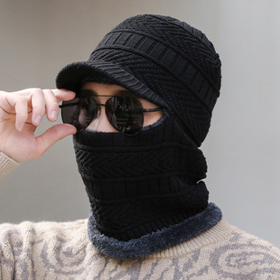 Knitted Hat Three-piece Set Men's Pullover Scarf Thickened Warm Hat Face Protection Wool Hat Women's fleece-lined Touch Screen Gloves
