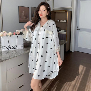 Spring and Summer Ice Silk Pajamas Women's Printed Silk Large Size Nightgown Simple Home Clothes Little Red Riding Book Recommended Live