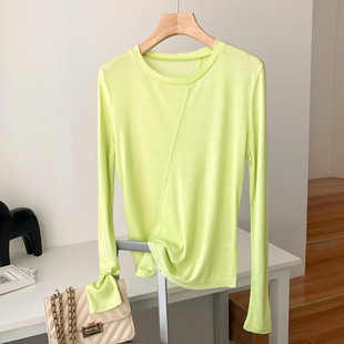 Strength factory early spring oblique stitching mulberry silk Tencel long sleeve T-shirt slimming irregular hem long sleeve blouse