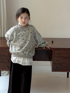 Flower and Seeking Korean Children's Wear Girls' Full Print Sweat 2024 Autumn New All-match Bow Loose Top Trendy