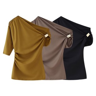 Amazon Wholesale Spring New Women's All-match Pullover Slant Collar Short Sleeve Gold Paneled Pleated Asymmetrical Top