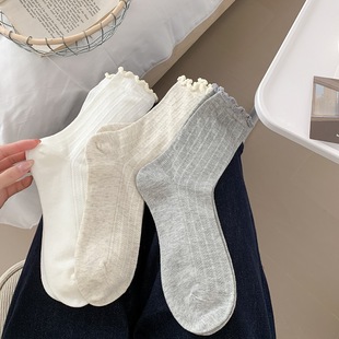 Bubble Mouth White Socks Women's Mid-length Socks Spring and Summer with Mary Jane Small Leather Shoes JK Long Tube Summer Thin Lace