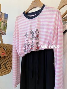 extra large size 120.00kg cool air conditioning shirt! Mickey sunscreen ice silk cotton long sleeve T-shirt women's comfortable lazy top