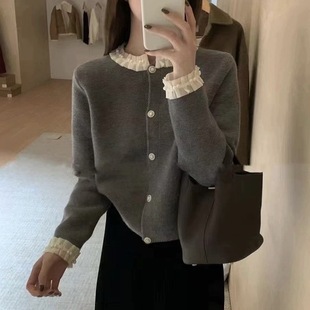2023 autumn and winter New Korean style elegant lace sweater cardigan fashionable elegant pearl buckle knitted top