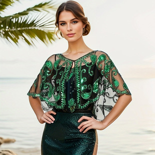 1920 Gatsby Evening Dress Sequin Shawl dress Outer Poncho Vintage Beaded Cardigan Gauze Waistcoat