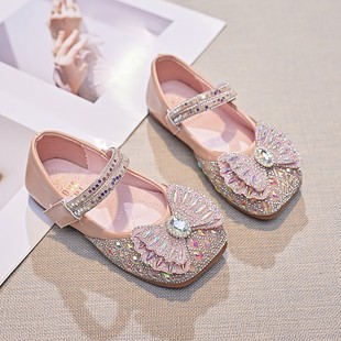 Girls Princess Shoes 2025 New Spring and Autumn Girls Shoes Children Soft Sole with Rhinestone Leather Shoes Girls Crystal Shoes