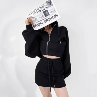European and American Sports Leisure Air Layer Hooded Sweatshirt Coat Autumn and Winter Solid Color A- Bust Skirt Two-Piece Suit