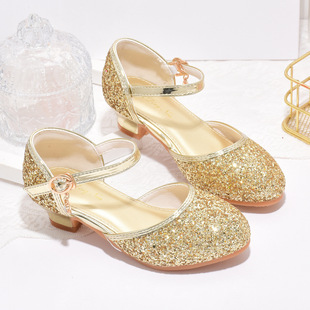 Girls' high heels new children's performance leather shoes gold and silver dress catwalk crystal shoes middle and big children princess shoes