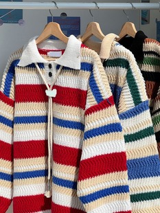 Japanese Rainbow Striped Polo Collar Sweater Women's Autumn and Winter Loose Lazy Style Knitted Shirt Top College Style Couple