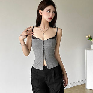 Southeast Asian Trendy Elegant Retro Grey Lace Stitching Camisole Women's Tight Waist Slimming Breasted Hot Girl Top