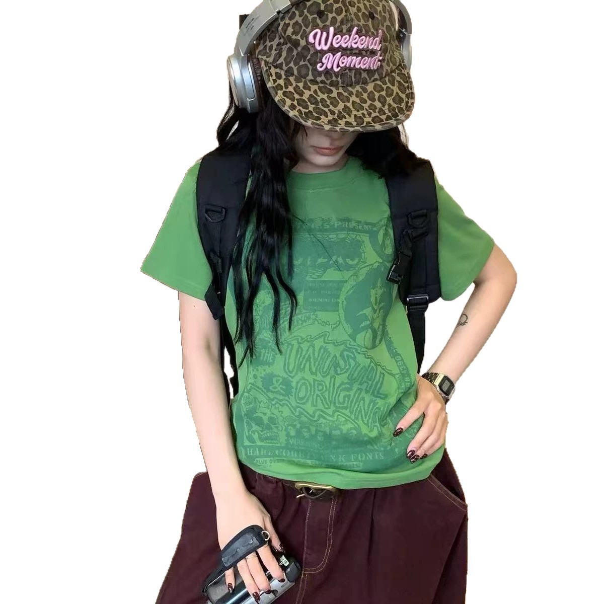 American Retro Street Style Bm Anime Graffiti Print Short-Sleeve T-Shirt for Women, Summer Slim Fit Versatile Top Trendy