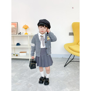Girls' College Style suit 2024 Autumn Cartoon Bow Long Sleeve Knitted Cardigan Shirt JK Skirt Three-Piece Set
