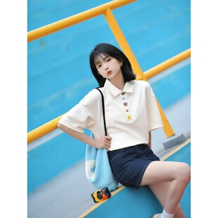 American Retro Fun Colorfulful Button Short-Sleeved Polo Shirt for Women Summer New Couple Casual Lapel T-Shirt Top