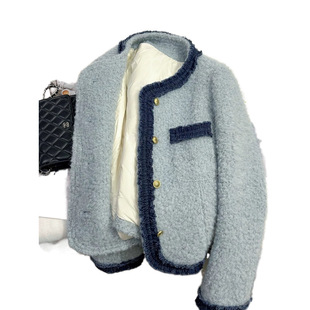 Lined Velvet Thickened Blue French Style Fragrant Short Coat Women's Winter New Style Elegant Thickened Warm High-grade Sense