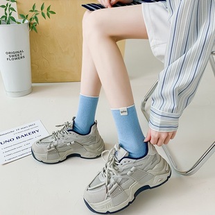 Solid Color Cream Style Double Needle Cloth Label Socks Women's Trendy Japanese Style College Style Spring and Summer Thin Cotton Mid-Pile Socks