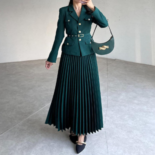 2025 spring new European and American Amazon foreign trade cross-border solid color temperament lapel suit pleated skirt suit