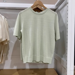 Japanese Single Women's Worsted Merino Wool Round Neck Knitwear Five-Point Short-Sleeved Work Clothing Machine Washable 461035