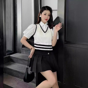 Fake Two-Piece Short Knitted Summer 2024 New Design Contrasting Color Stitching Slim Polo Collar Short-Sleeved Top for Women