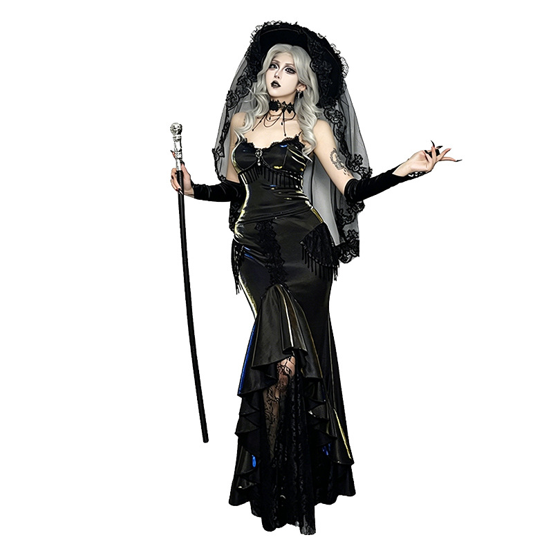 Xs26173 Summer Dark Gothic Shiny Lace Tassel Waist-Slimming Subculture Hot Girl Camisole for Women