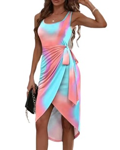 2022 Amazon independent station European and American summer new vest dress side lace-up irregular hem dress