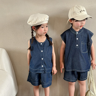 Children's Summer Denim Set Girls 2024 New Casual Baby Clothes Boys Vest Shorts Brother and Sister Summer Clothes