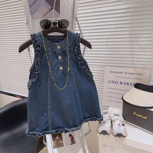2024 summer new lace sleeve dress baby girl Denim skirt children summer breathable skirt 77279