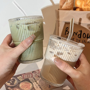 Ins Style Vertical Stripe Glass Ice American Style Nordic Style Cold Drink Cup with Straw Household Large Capacity Slub Cup with Lid