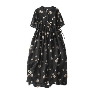 Real Shot Light Ramie dress 2024 Summer New Floral Light Luxury High-end Women's Medium-length Dress