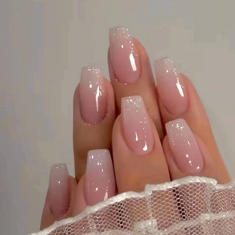 Mid-length ballet nail girl pink gradient glitter fake nails sweet ins style fashion nail beauty nails