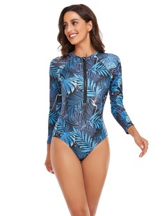 Long sleeve conservative print tight zipper slim sexy design sense Amazon cross-border foreign trade one-piece triangle swimsuit