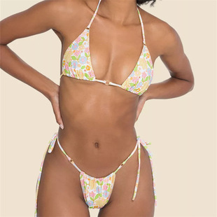 2022 New Swimwear European and American Multicolor Printed Bikini Sexy Drawstring Triangle Swimwear for Women