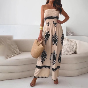 Cross-border European and American Foreign Trade Women's 2025 Summer Strapless Printed High Waist Slim-fit Split Long Skirt dress Pants