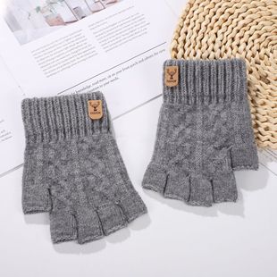Autumn and Winter Korean Students Casual Fashion Writing Game Thickened fleece-lined Warm Cold-proof Knitted Wool Half-finger Gloves