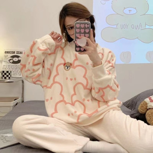 Cute Pajamas Women's Coral Fleece Autumn and Winter 2024 New Flannel Cartoon Thin Fleece Loose Home Clothes suit