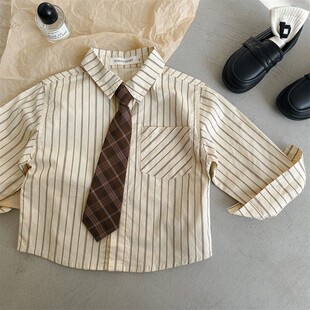 In Stock! 2025 Spring & Fall Kidsren's Long-Sleeved Shawl Shirt Boy's Lapel Baby Korean Fake Two-Piece Shirt Wholesale