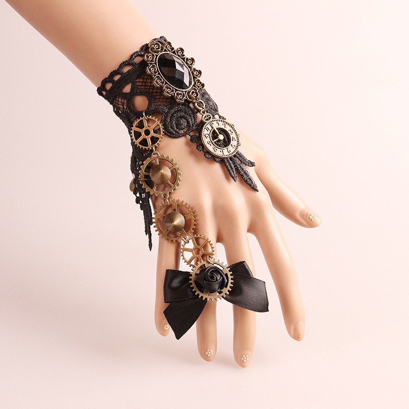Integrated bracelet and ring, punk-style dark style gear rose vintage high-end Lolita jewelry, Halloween