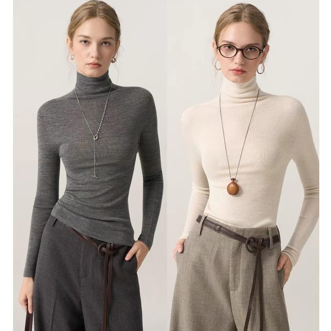 Seamless, all-in-one wool turtleneck sweater, versatile for work and everyday wear, slim-fit base layer for women