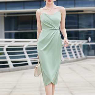 Black Strap Dress Women's 2023 New French Style Inner Texture High-grade Sexy Acetate Satin Midi Dress for Summer