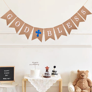 GOD BLESS Baptism Communion Party Decoration Banner Pull Flag Baptism Decoration Background Natural Swallow Tail Flag Wholesale