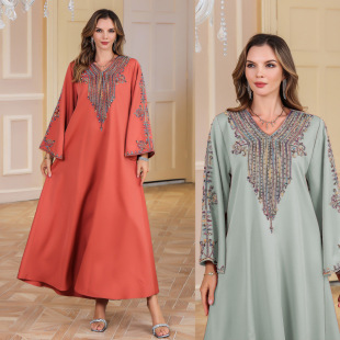 Foreign Trade abaya Muslim Middle East Women's Cross-border Summer Elegant Rope Embroidered Robe Women's dress Dubai Clothing