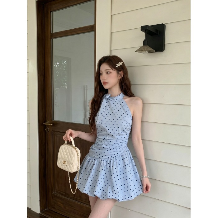 This Year's Super Stylish Blue Polka Dot Halter Neck Dress for Women, 2026 Summer Elegant Beach Vacation Floral Short Dress