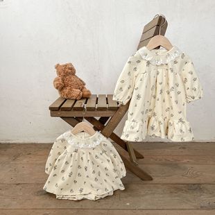 ins Korean-style Spring New Girl's Floral Dress Set Baby Long-sleeved Llace Collar Stylized Two-piece Set