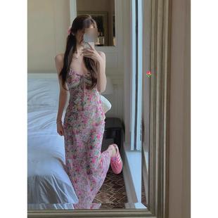 French Style Floral Sling dress Women's Summer Pink Fragmented Stitching Lace Women's Tight Waist Slimming Vacation Elegant Long Skirt