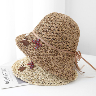 New puppy bow summer straw hat cotton straw wide brim ladies hat basin hat beach hat sunshade sunscreen 88
