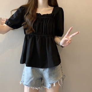 plus size Women's Square Collar Pleated Short-sleeved Chiffon Shirt Women's Summer Design Sense Loose Belly Covering Top for Chubby Girls