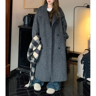 2024 Korean Coat Long Wool Version with Vertical Collar Double-breasted Woolen Coat Mid-length Thickened Woolen Coat