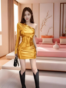 Sexy Spice Girl Sweet Cool Metallic silver Glint Elegant Waistline Shoulder Long Sleeve Slim-fit Hip dress 803