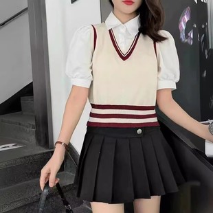 Fake Two-piece Short Sweater Women's Summer 2024 New Design Sense Contrast Color Stitching Slim-fit Polo Collar Short-sleeved Top