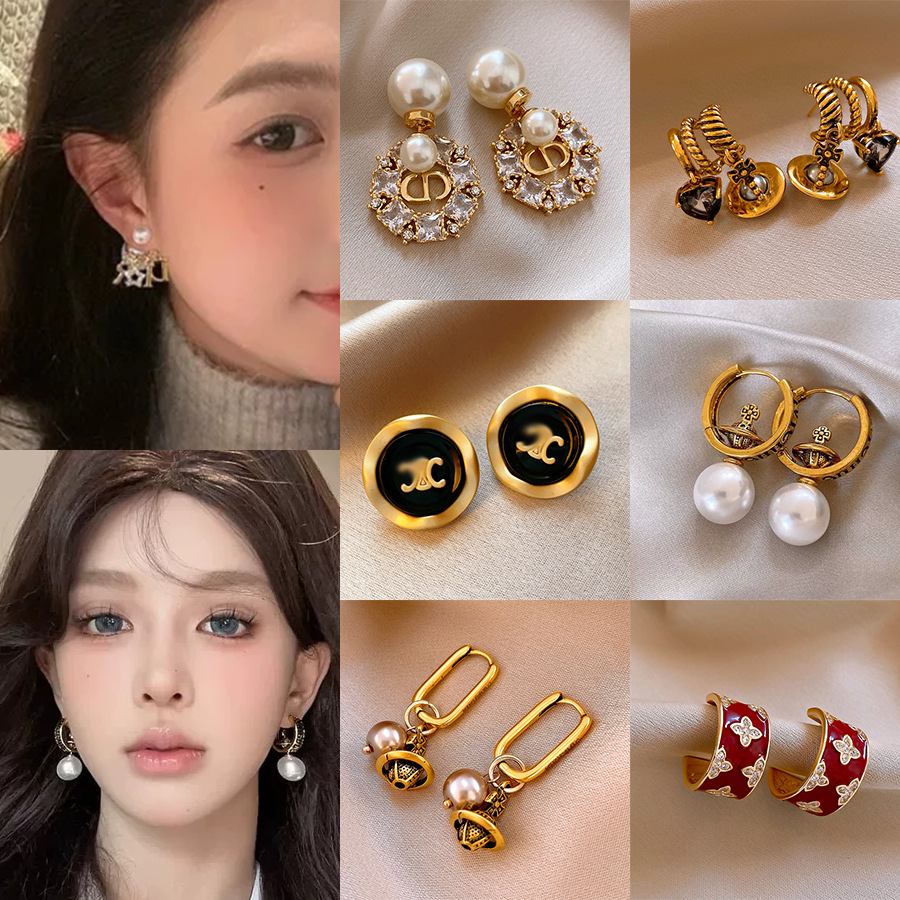 Silver Needle Zircon Double C Pearl Earrings, Versatile and Elegant, Chanel-Style Earrings, Fashionable Light Luxury High-End Earrings Wholesale